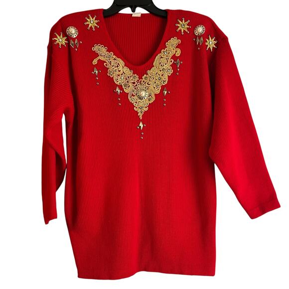 Sweater VTG Red OS Embroidered Jewels Embellished Rib Knit Holiday Casual USA - Picture 2 of 8